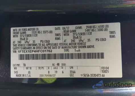 2017 Ford F-150 Xl из США, поврежденный, VIN 1FTEX1EP4HFC01762